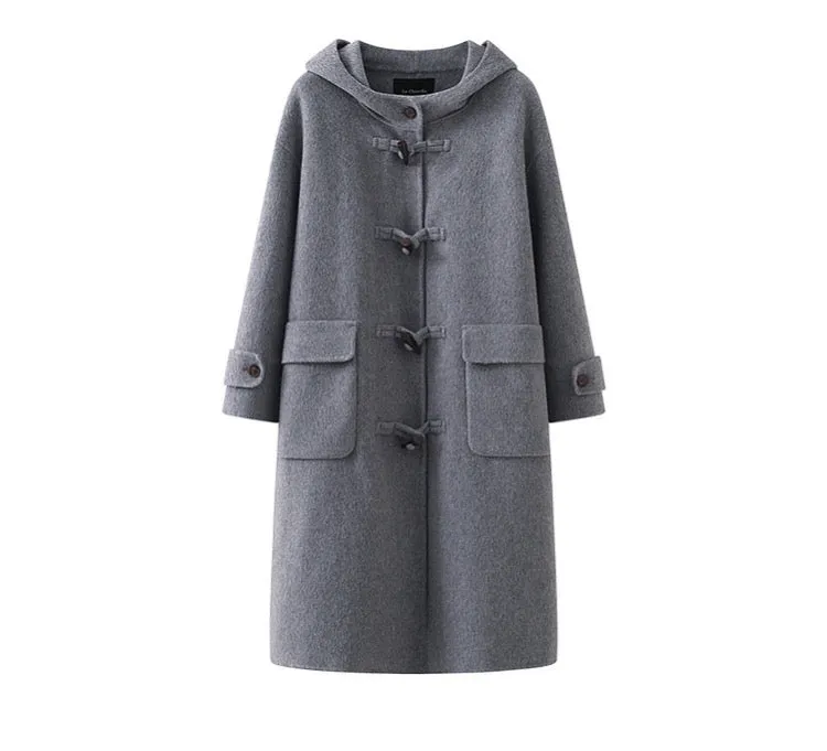 Hooded horn button long double-sided woolen coat women's sheep wool coat autumn/ winter