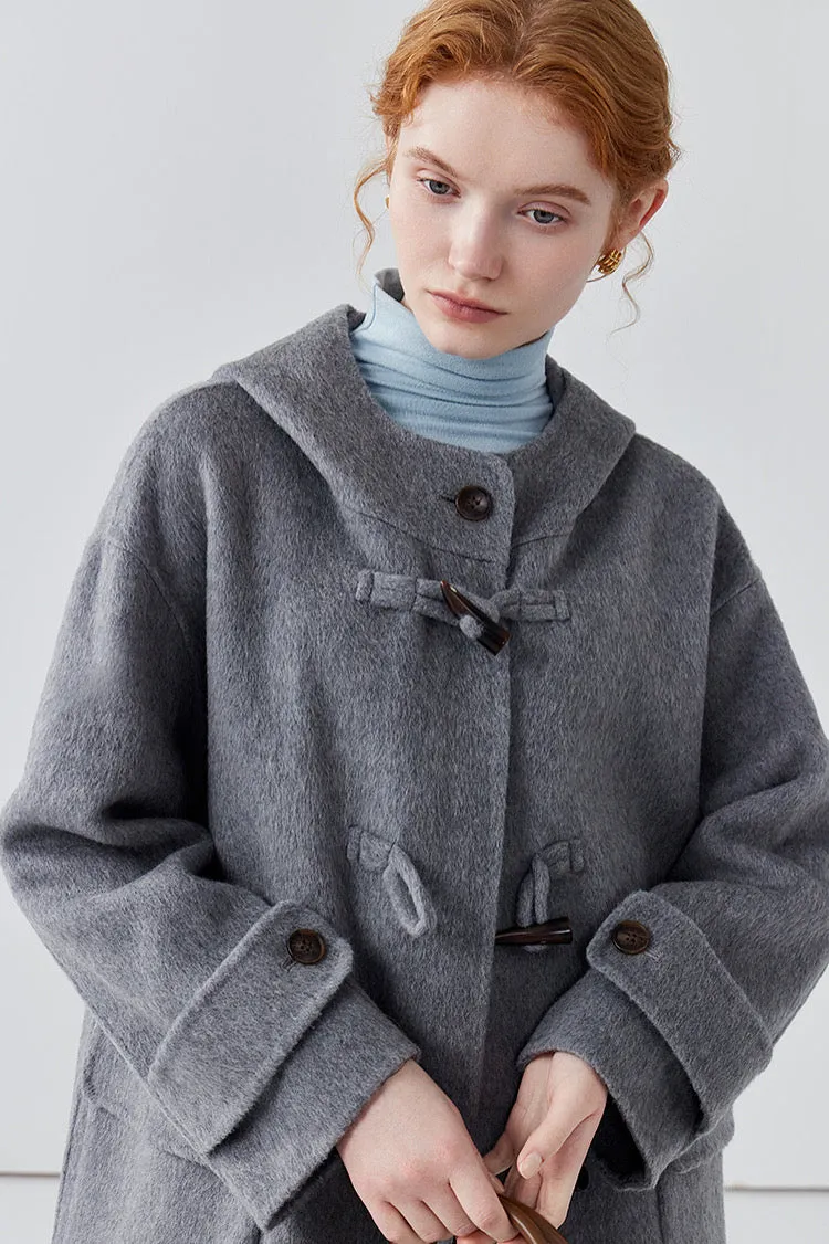 Hooded horn button long double-sided woolen coat women's sheep wool coat autumn/ winter