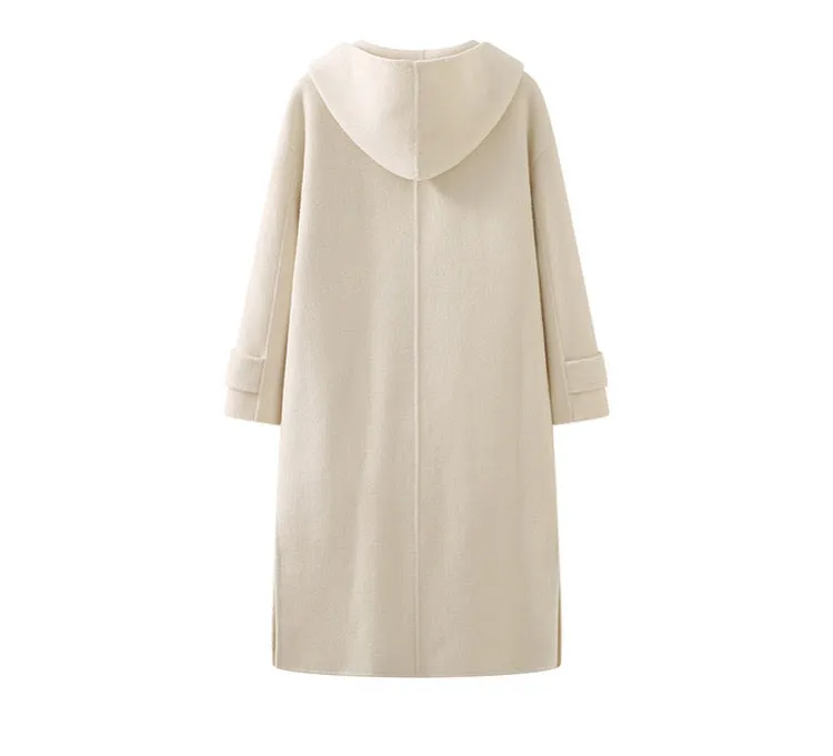 Hooded horn button long double-sided woolen coat women's sheep wool coat autumn/ winter