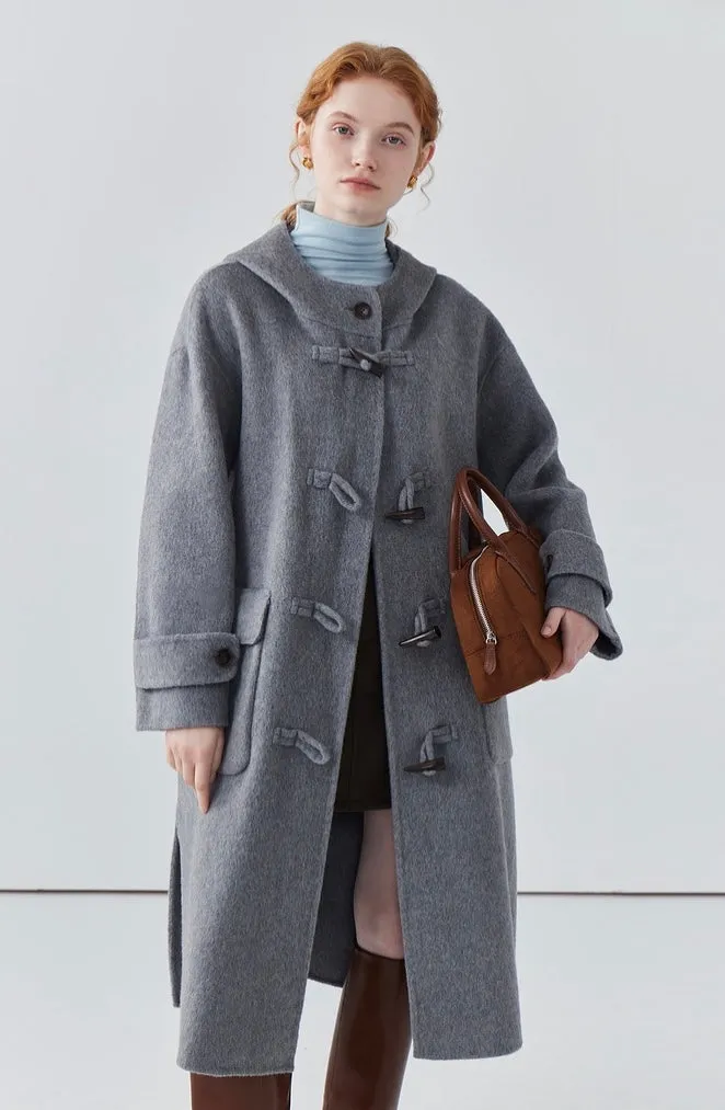 Hooded horn button long double-sided woolen coat women's sheep wool coat autumn/ winter