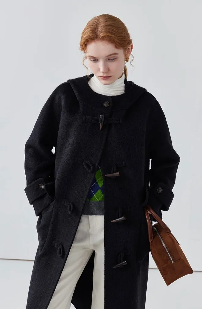 Hooded horn button long double-sided woolen coat women's sheep wool coat autumn/ winter