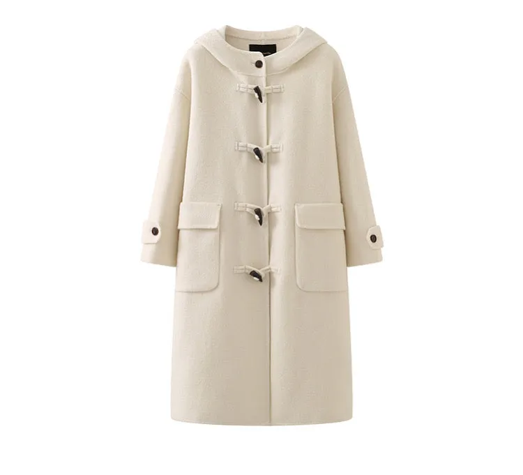 Hooded horn button long double-sided woolen coat women's sheep wool coat autumn/ winter