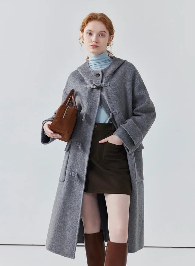 Hooded horn button long double-sided woolen coat women's sheep wool coat autumn/ winter