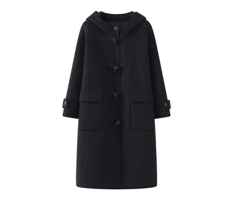 Hooded horn button long double-sided woolen coat women's sheep wool coat autumn/ winter