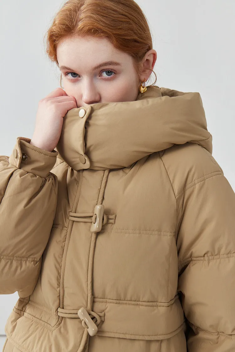 Horn button hooded mid-length down jacket for women niche thickened white duck down winter