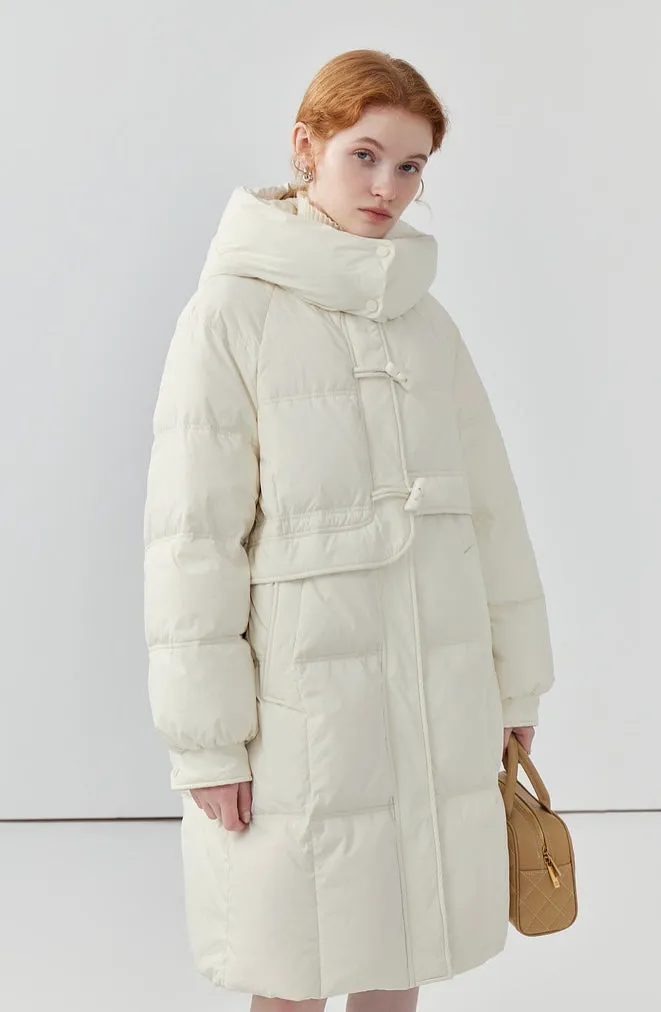 Horn button hooded mid-length down jacket for women niche thickened white duck down winter