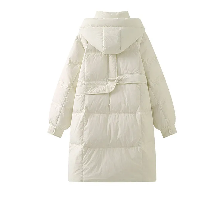 Horn button hooded mid-length down jacket for women niche thickened white duck down winter