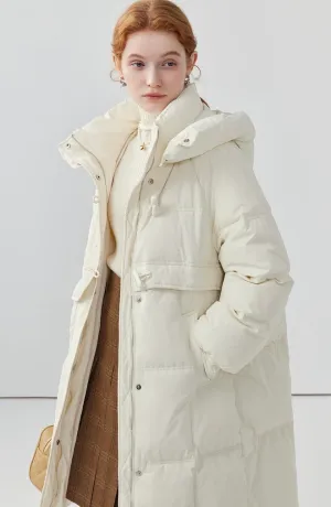 Horn button hooded mid-length down jacket for women niche thickened white duck down winter