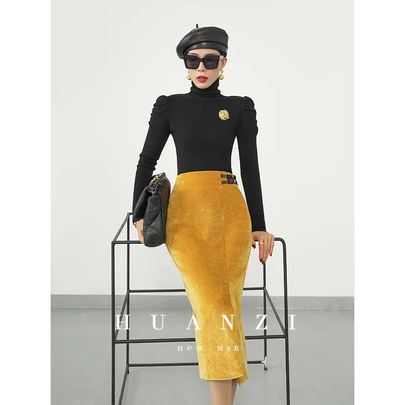 Huanzi  new French velvet fashionable high waist slim and small slit skirt female- Elvin