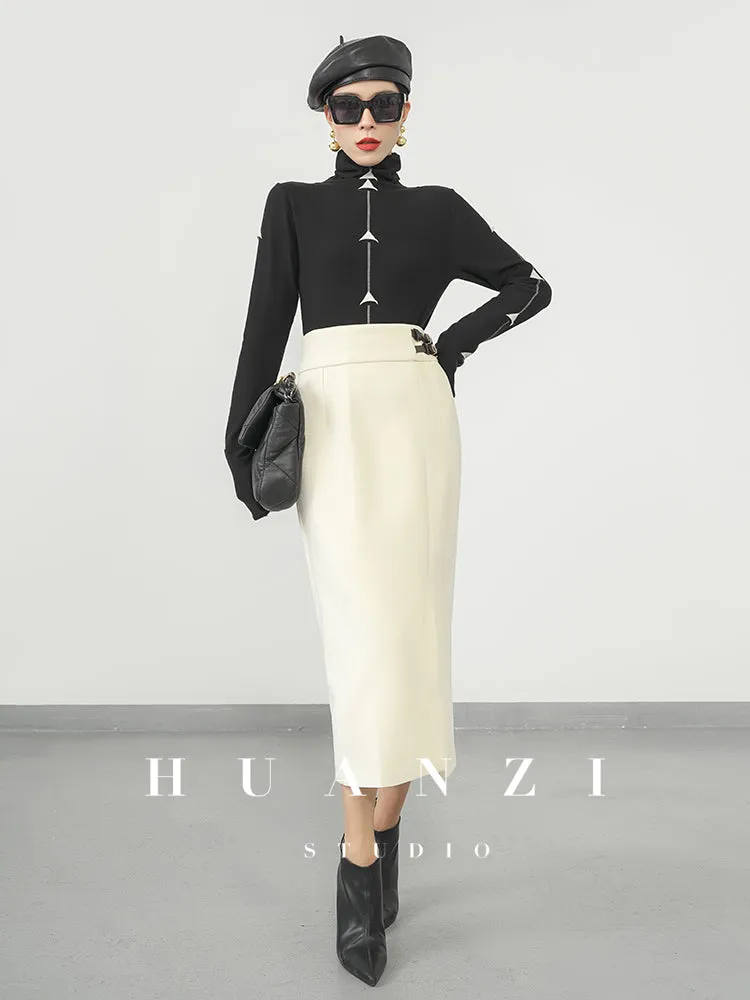 Huanzi  new French velvet fashionable high waist slim and small slit skirt female- Elvin