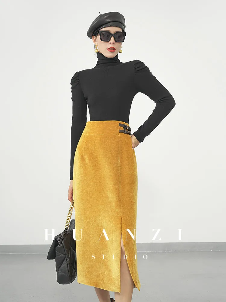 Huanzi  new French velvet fashionable high waist slim and small slit skirt female- Elvin