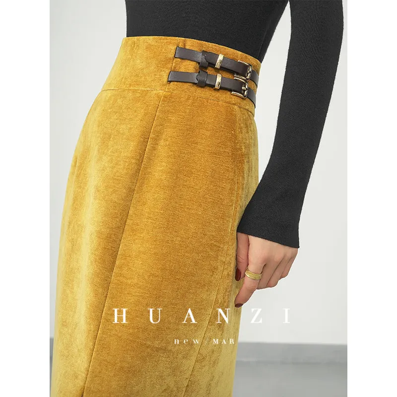 Huanzi  new French velvet fashionable high waist slim and small slit skirt female- Elvin