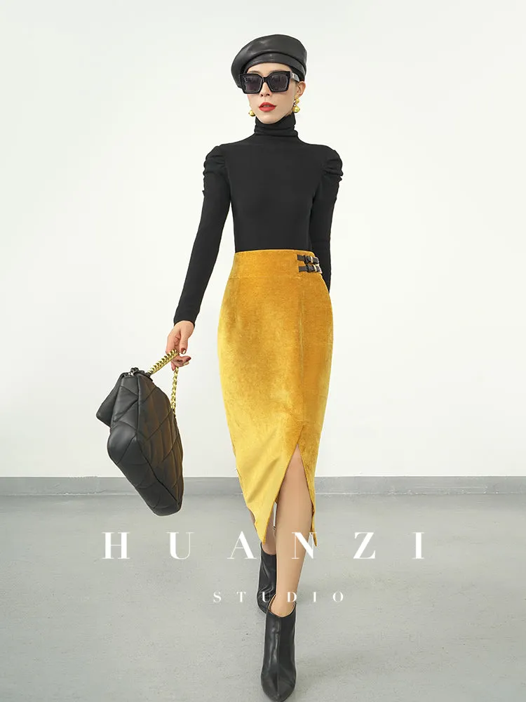 Huanzi  new French velvet fashionable high waist slim and small slit skirt female- Elvin