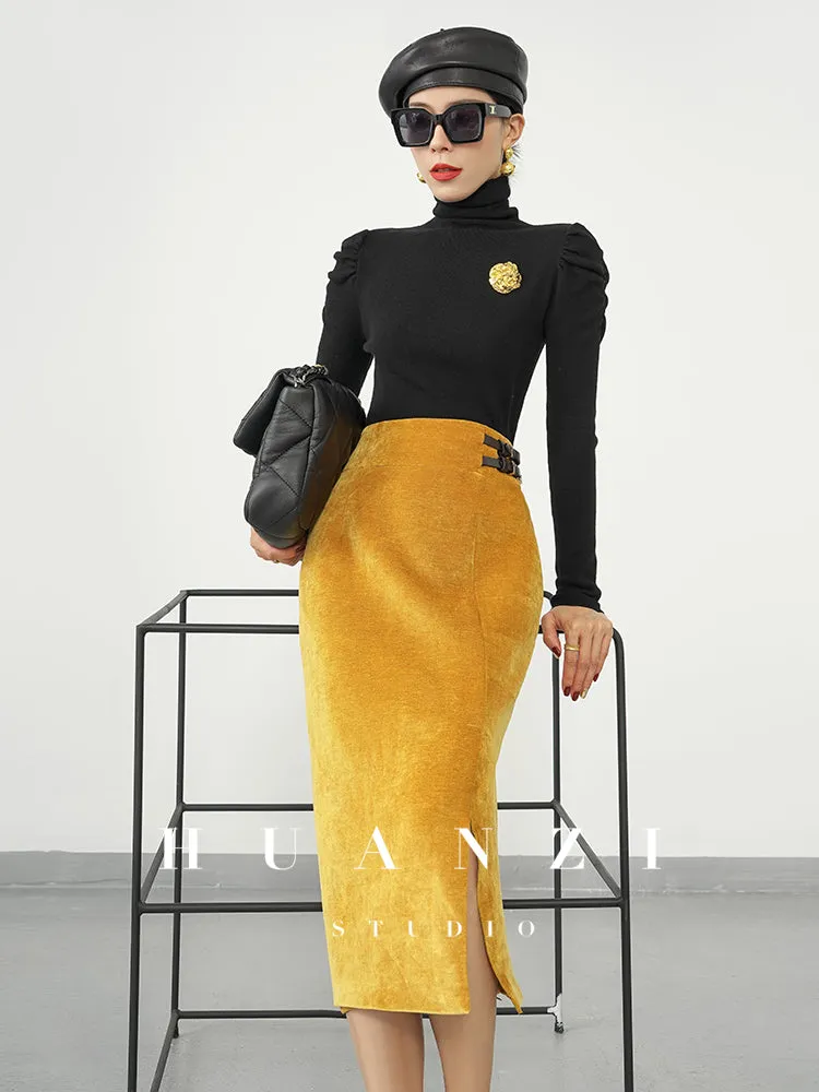 Huanzi  new French velvet fashionable high waist slim and small slit skirt female- Elvin