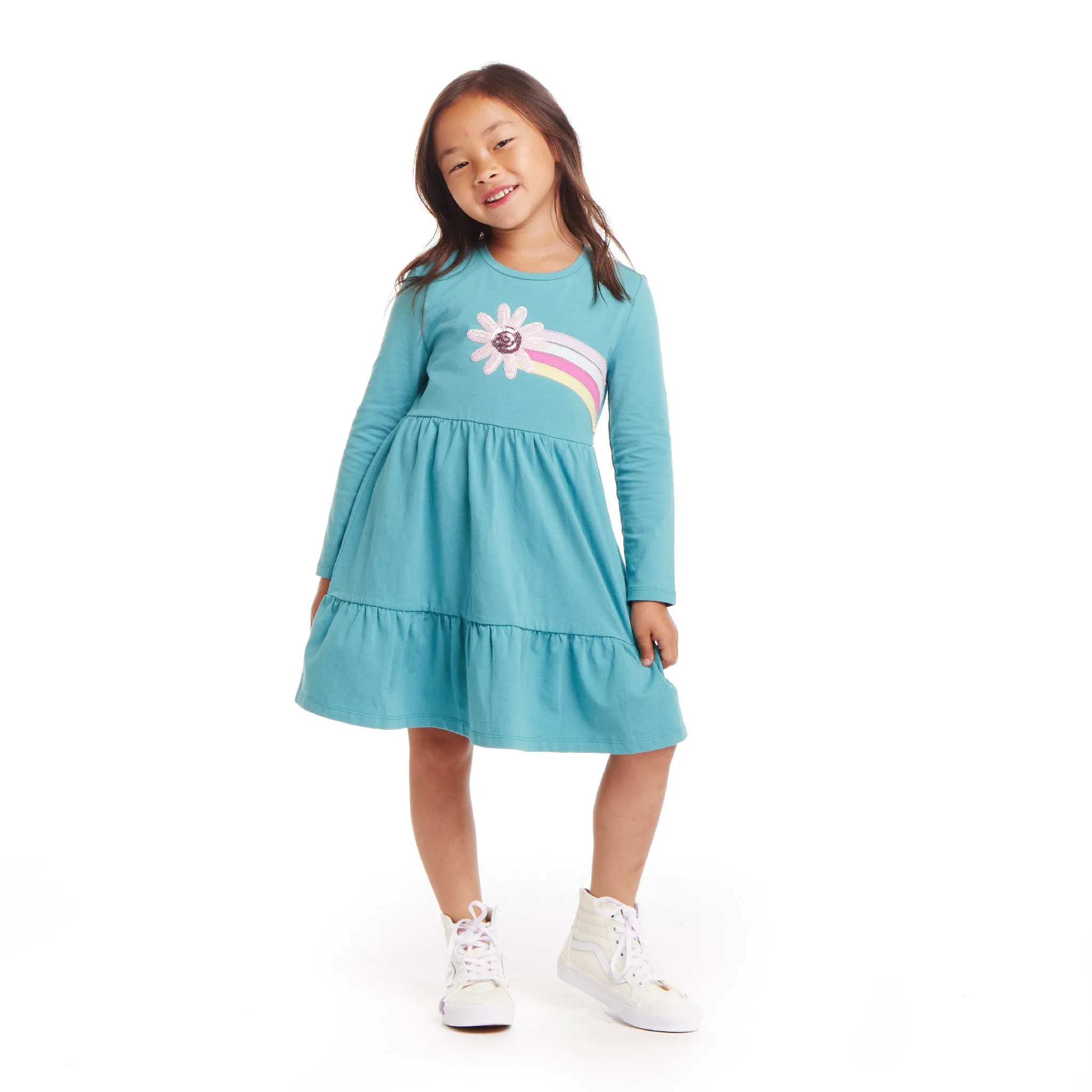 Kids Teal Jersey Dress & Faux Fur Vest Set | Rainbow Graphic