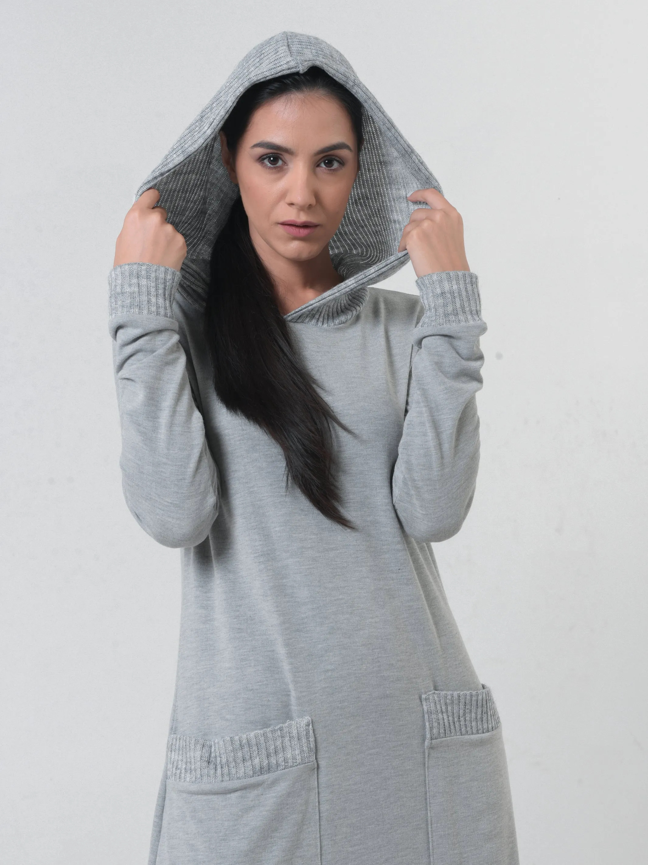 Knitted Long Sleeve Hooded Dress In Light Gray