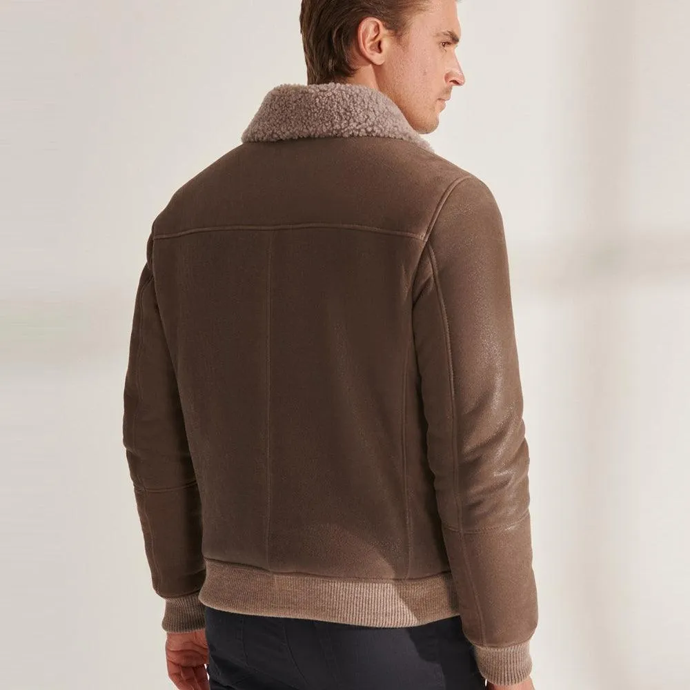 Light Brown Sheepskin Shearling Bomber Jacket for Men