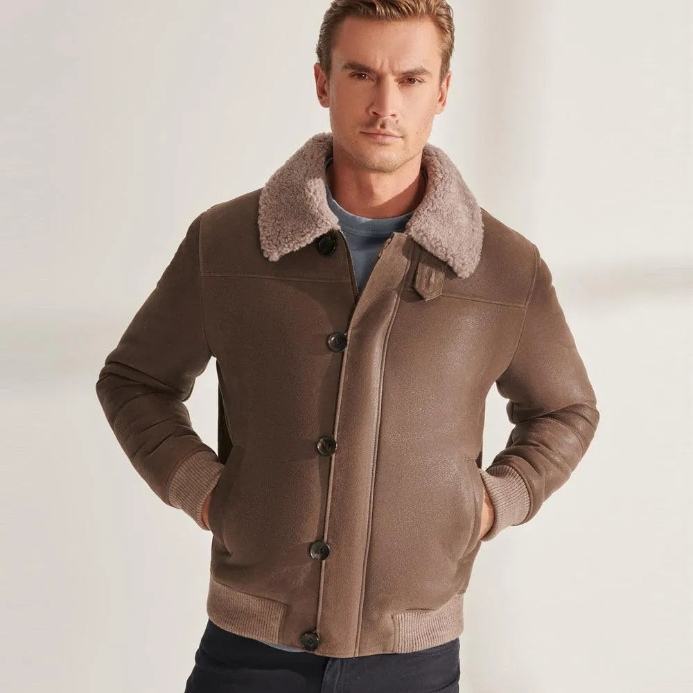 Light Brown Sheepskin Shearling Bomber Jacket for Men