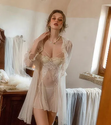 Lolita Lace Lingerie Set, Sheer Nightgown, Silky Robe, Dreaming Lingerie, Nightwear