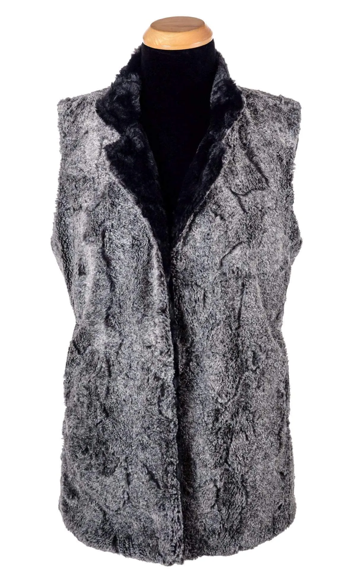 Mandarin Vest Short, Reversible less pockets - Luxury Faux Fur Nimbus with Cuddly Fur in Black