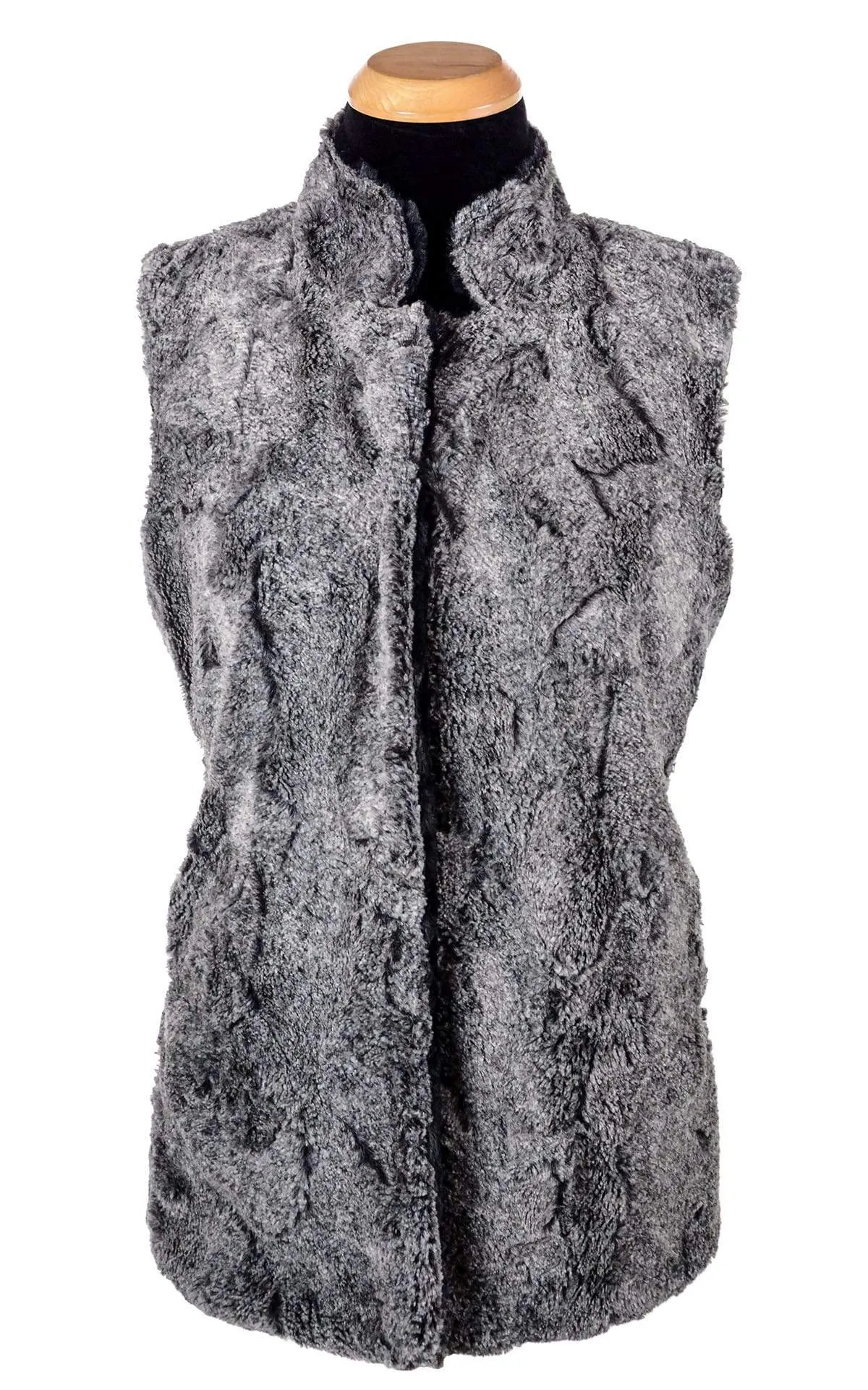 Mandarin Vest Short, Reversible less pockets - Luxury Faux Fur Nimbus with Cuddly Fur in Black