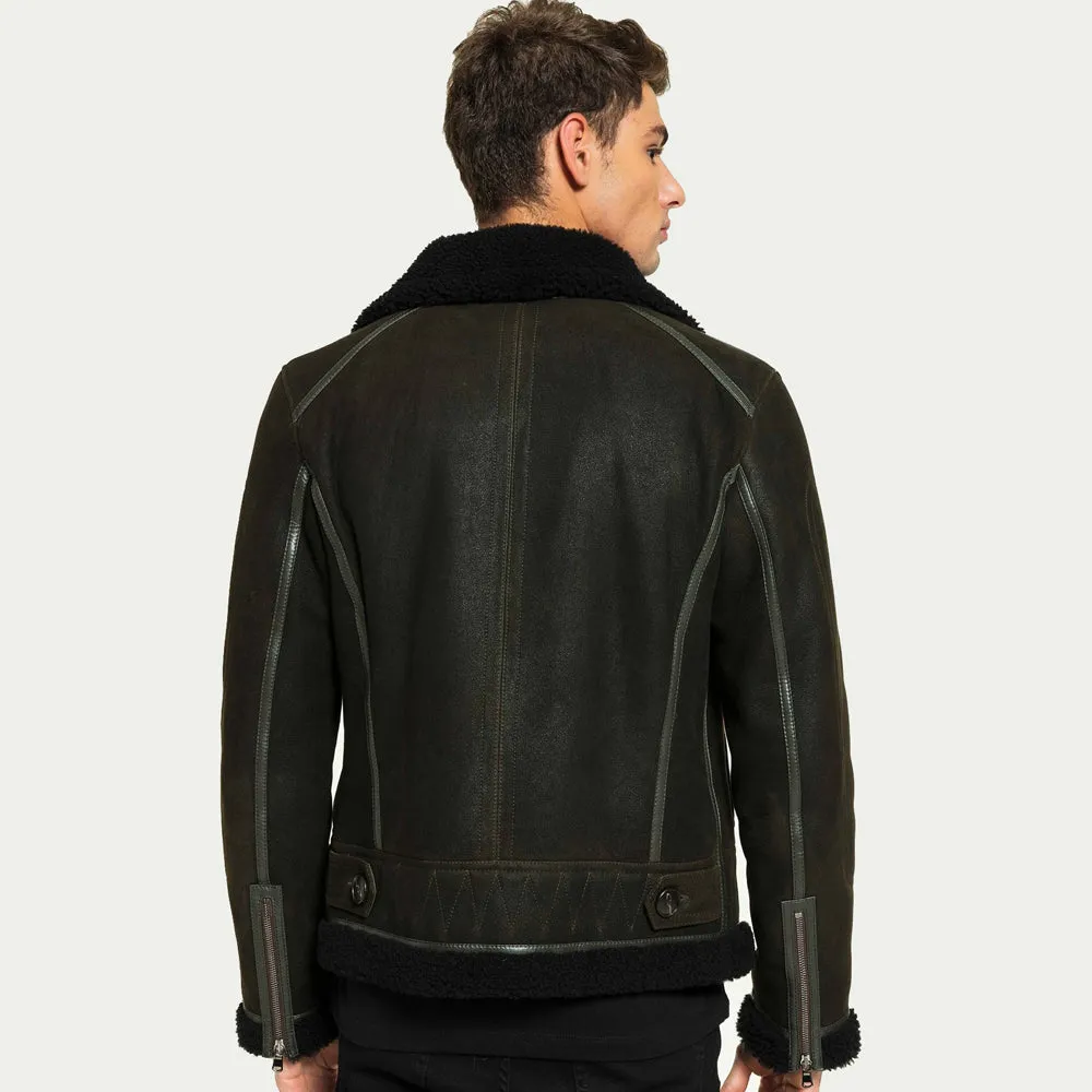 Men Aviator Dark Green Shearling Jacket