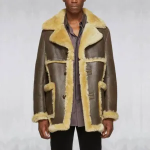 Men Brown Sheepskin Shearling Leather Jacket Coat