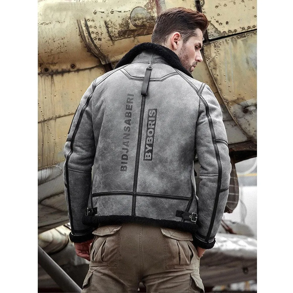 Men's B3 Leather Bomber Jacket Grey Shearling Jacket