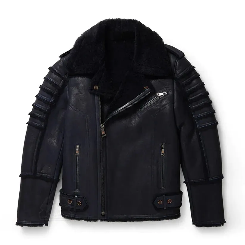 Men's Black Aviator Sheepskin Moto Shearling Leather Jacket