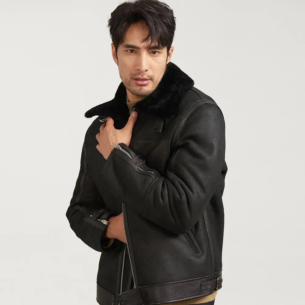 Men's Black Shearling Flight Jacket - Leather Coat