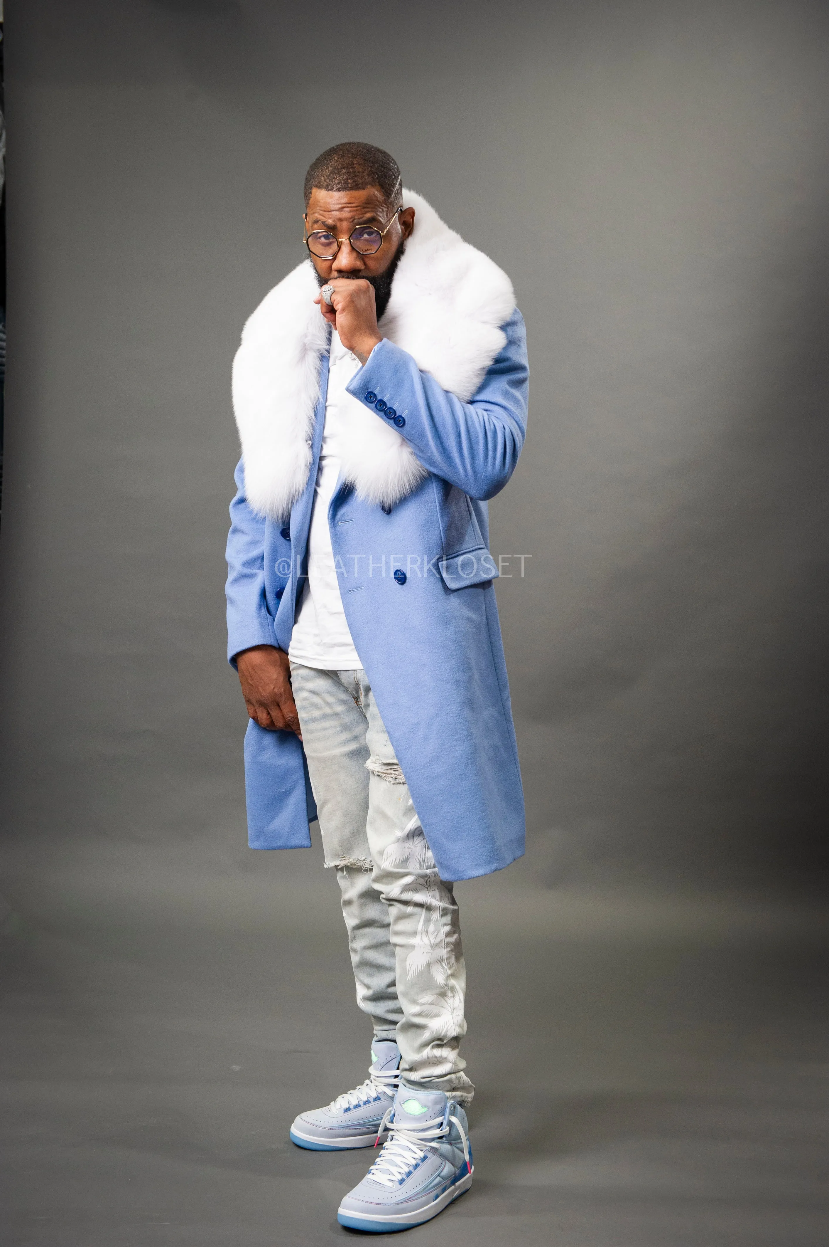 Men's Cashmere Trench Coat Baby Blue With Fox Collar [White Fox]