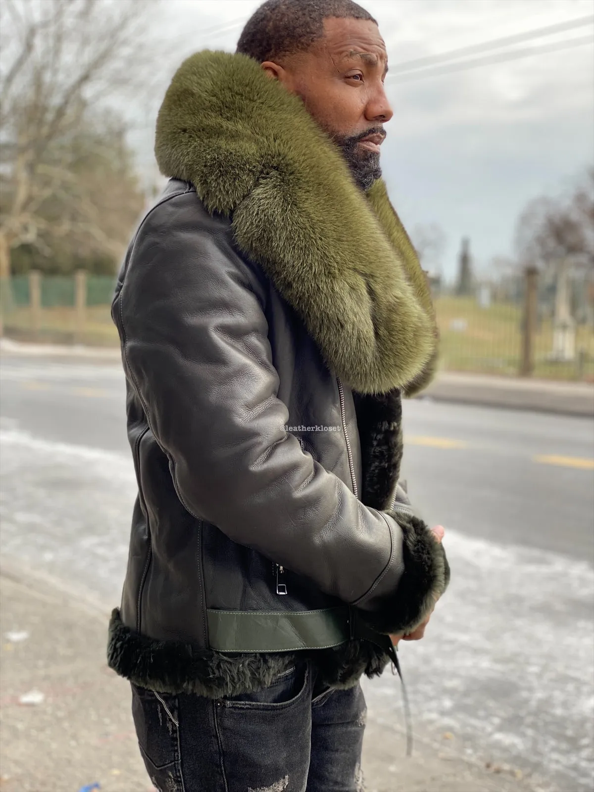 Men's Classic Sheepskin Shearling Biker Green With Fox Collar