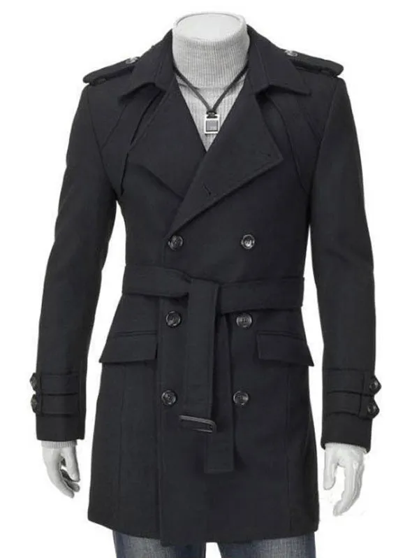 Men's Epaulet Double Breasted Woolen Blend Trench Coat