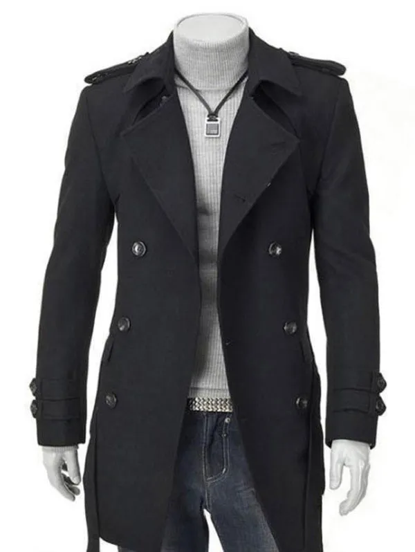 Men's Epaulet Double Breasted Woolen Blend Trench Coat