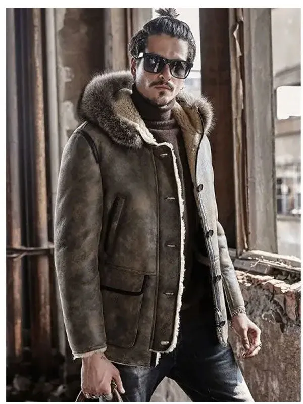 Mens Hooded Shearling Collar Leather Bomber Jacket