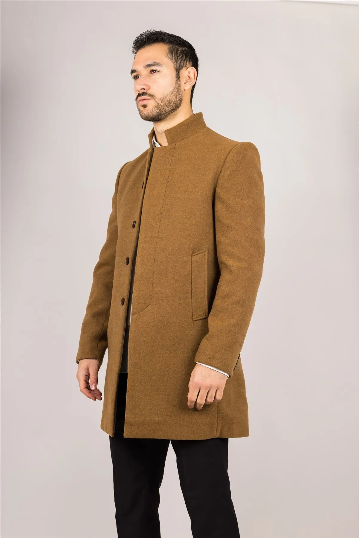 Men's Overcoat Stand Collar Wool Blend Classic Trench Coat Winter Jacket