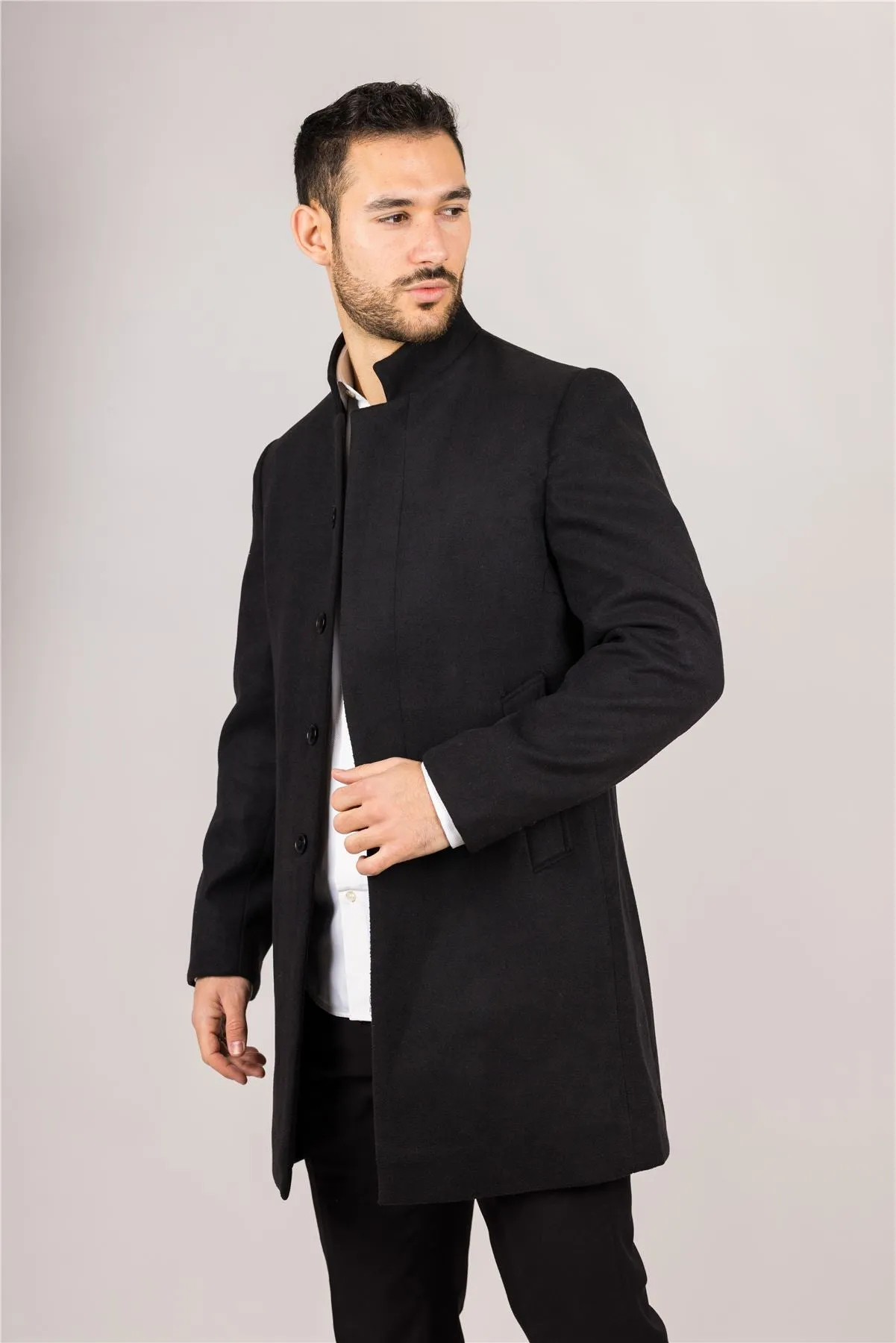 Men's Overcoat Stand Collar Wool Blend Classic Trench Coat Winter Jacket