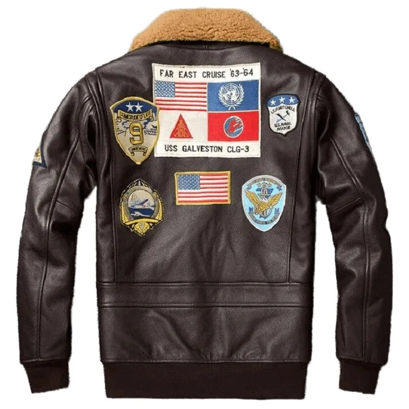 Mens Top Gun G1 Air Force Flight Leather Jacket Fur Collar