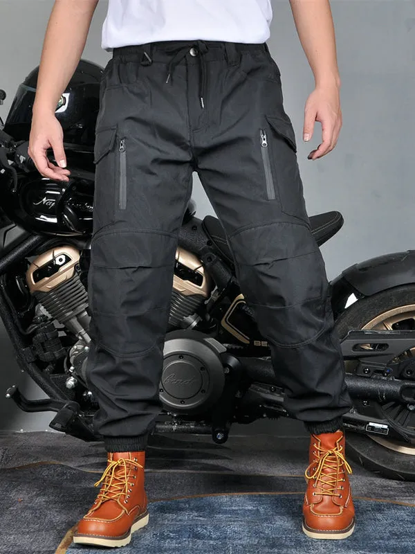 Men’s Waterproof Fleece-Lined Windproof Motorcycle Jogger Pants with Reflective Design and Silicone Knee & Hip Protectors