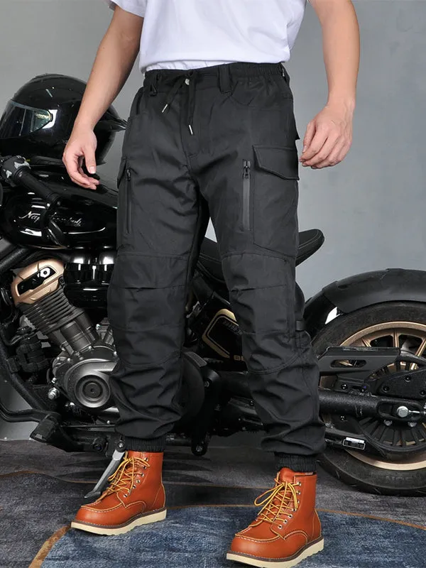 Men’s Waterproof Fleece-Lined Windproof Motorcycle Jogger Pants with Reflective Design and Silicone Knee & Hip Protectors