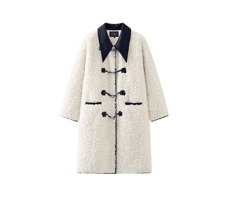 Mid-length off-white fur coat loose faux fur one-piece coat