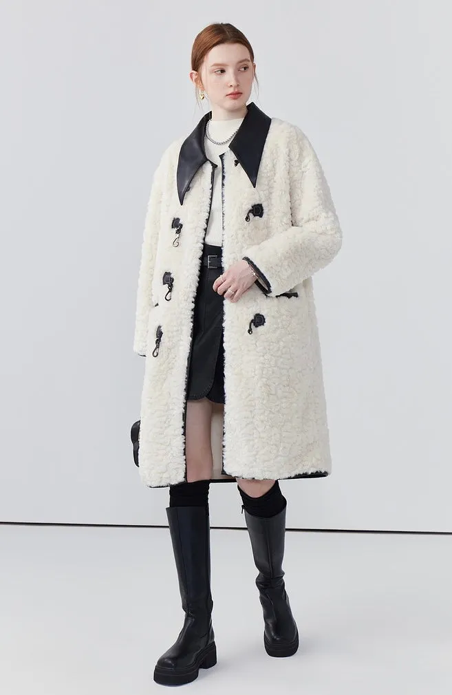 Mid-length off-white fur coat loose faux fur one-piece coat