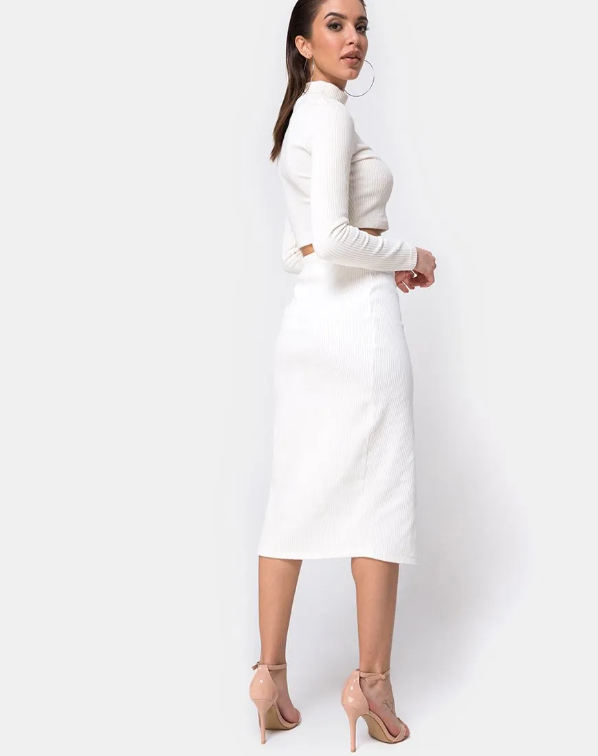 Midi Cheri Split Skirt in Velvet Rib White