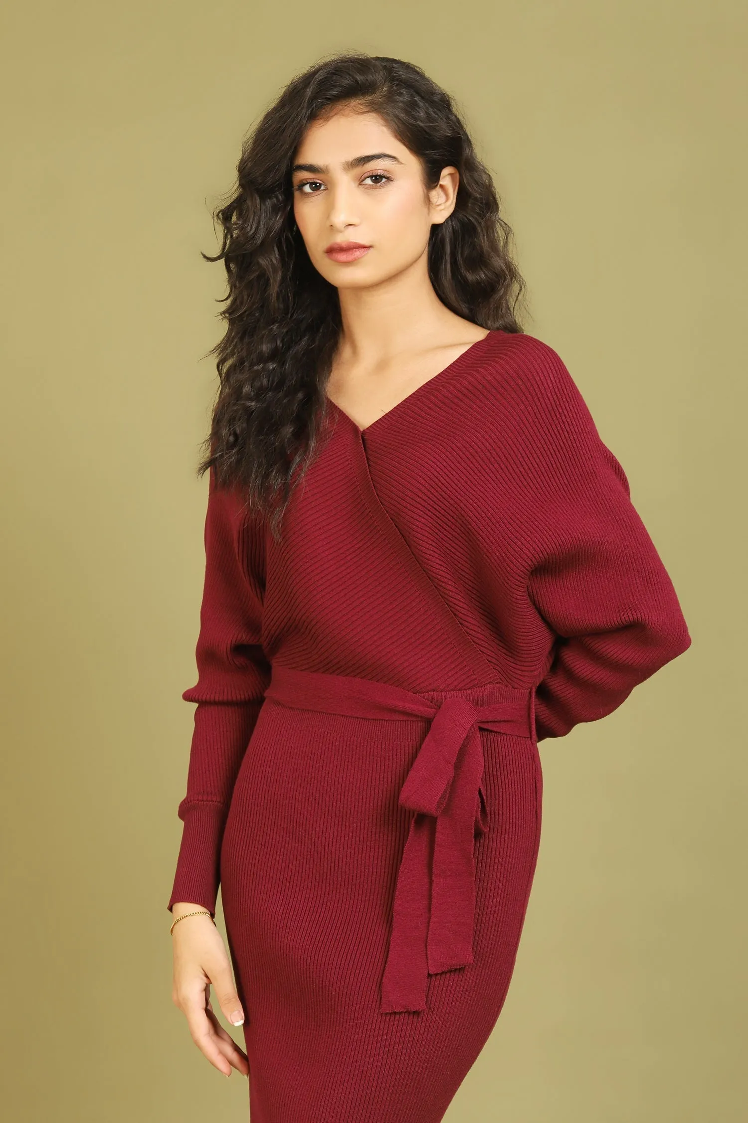 MIDI KNIT DRESS-MAROON