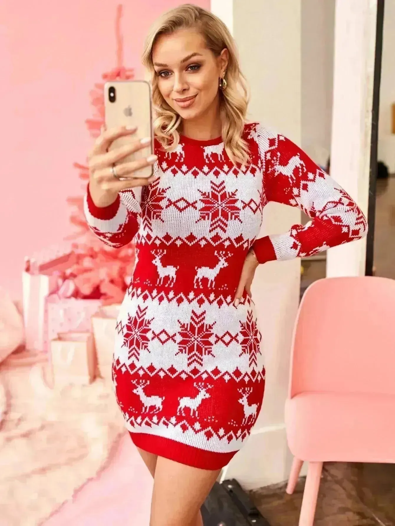 Mini Jumper dress Winter Christmas Sweater Dress Deer Jacquard dress