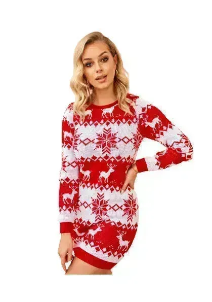 Mini Jumper dress Winter Christmas Sweater Dress Deer Jacquard dress