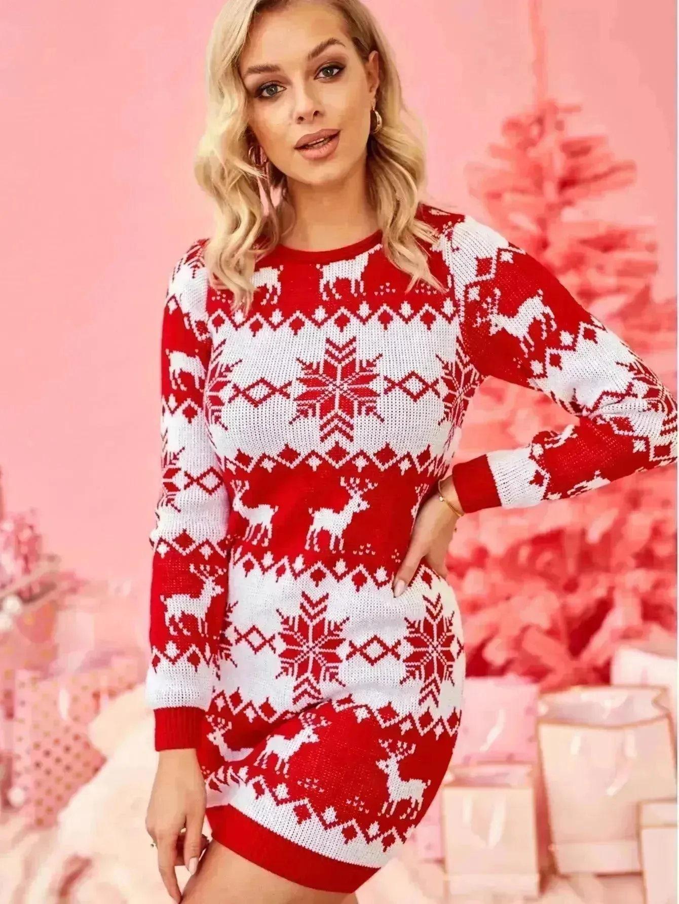 Mini Jumper dress Winter Christmas Sweater Dress Deer Jacquard dress