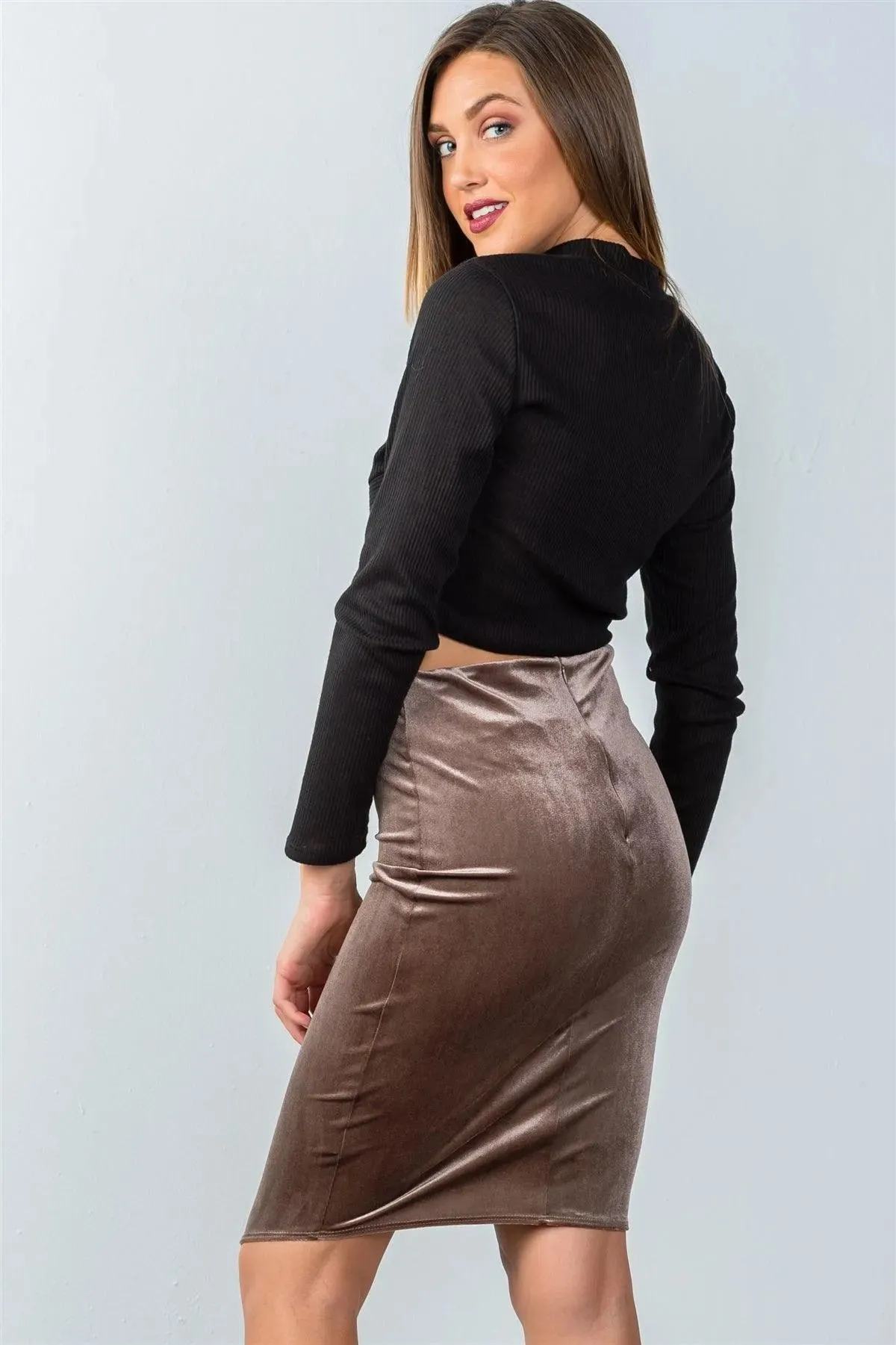 Mocha Sexy Tight Velvet Pencil High Waist Midi Skirt /3-2-1