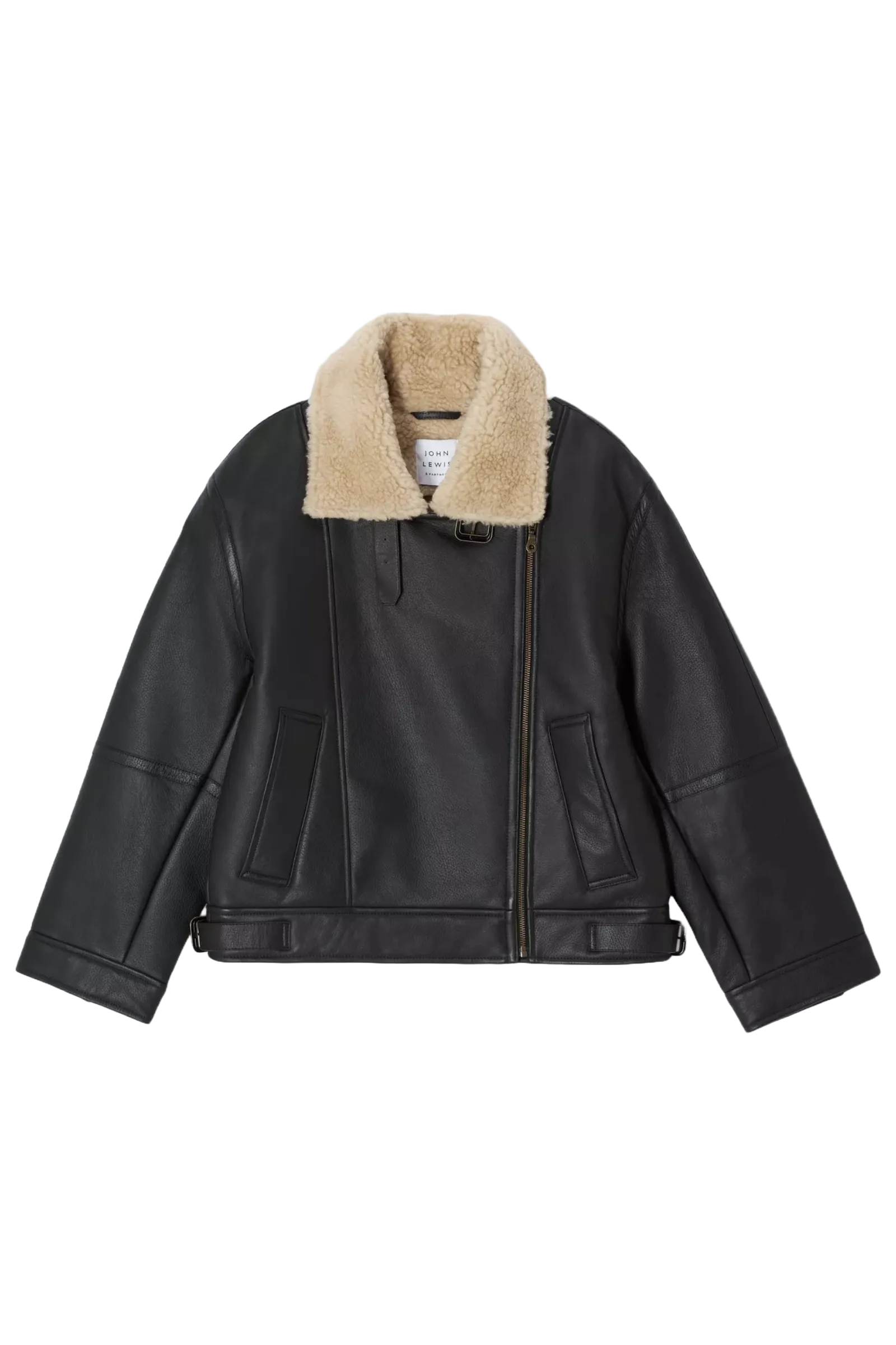 Oversized Shearling Collar Leather Aviator Jacket, Black