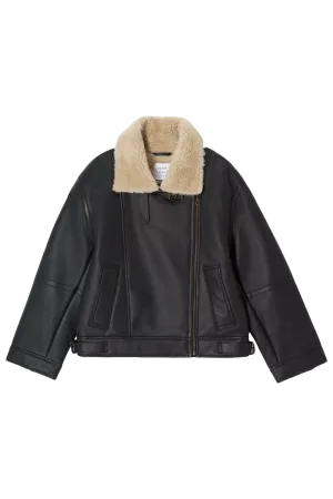 Oversized Shearling Collar Leather Aviator Jacket, Black